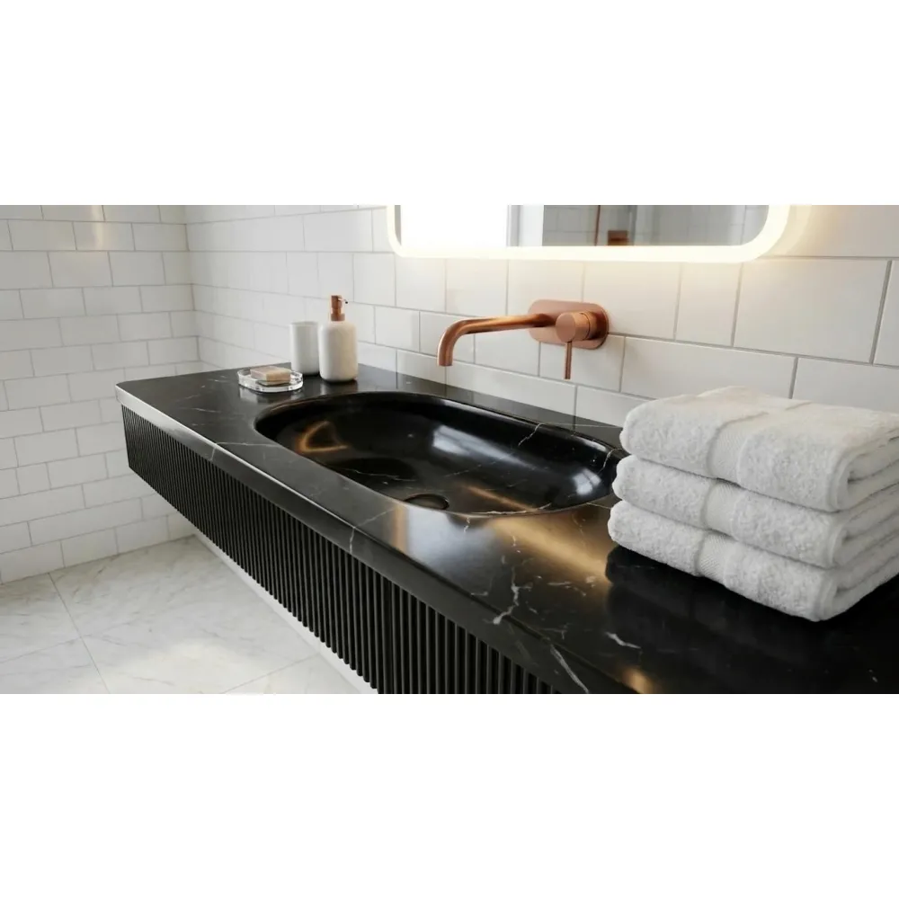 Alexander Black Marble Sink, Fluted Wall Mounted Washbasin, Oval Natural Stone Bathroom Basin