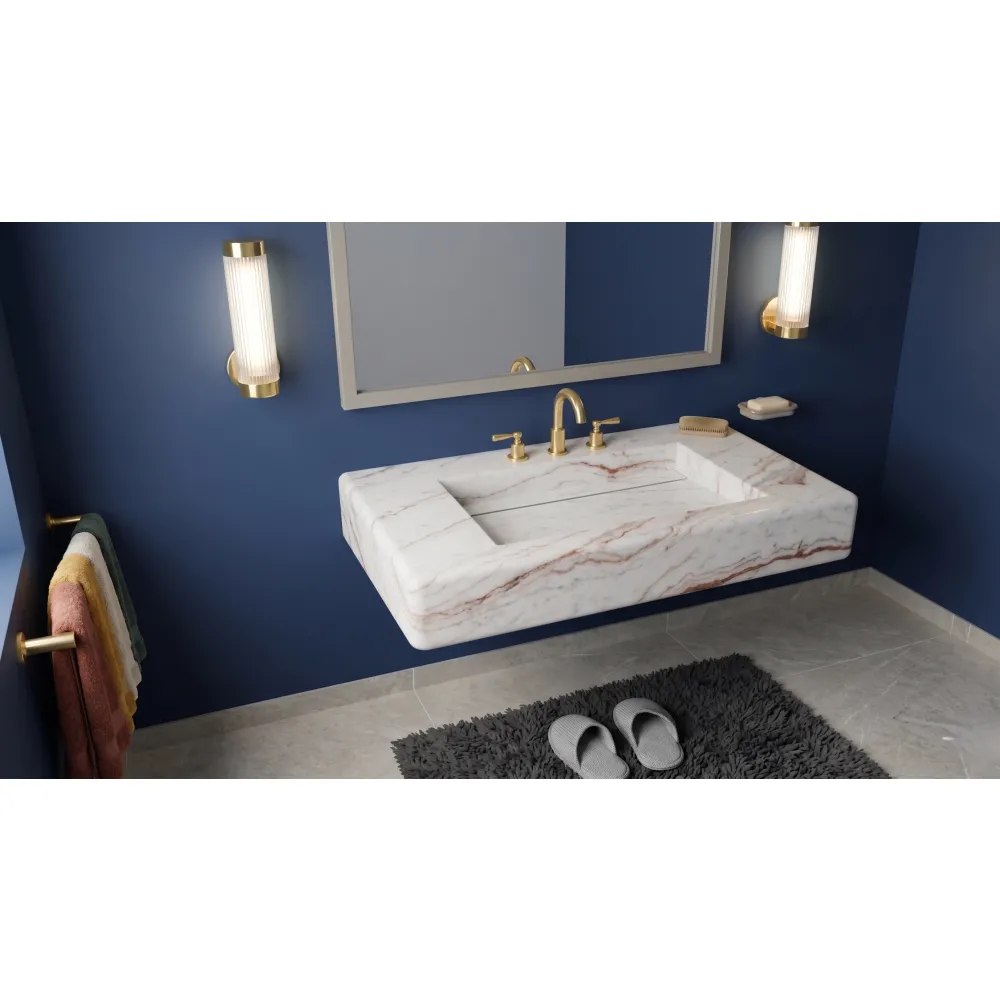 White River Marble Sink | Floating Vanity with Gold Cross Handle Faucet, Linear Drain