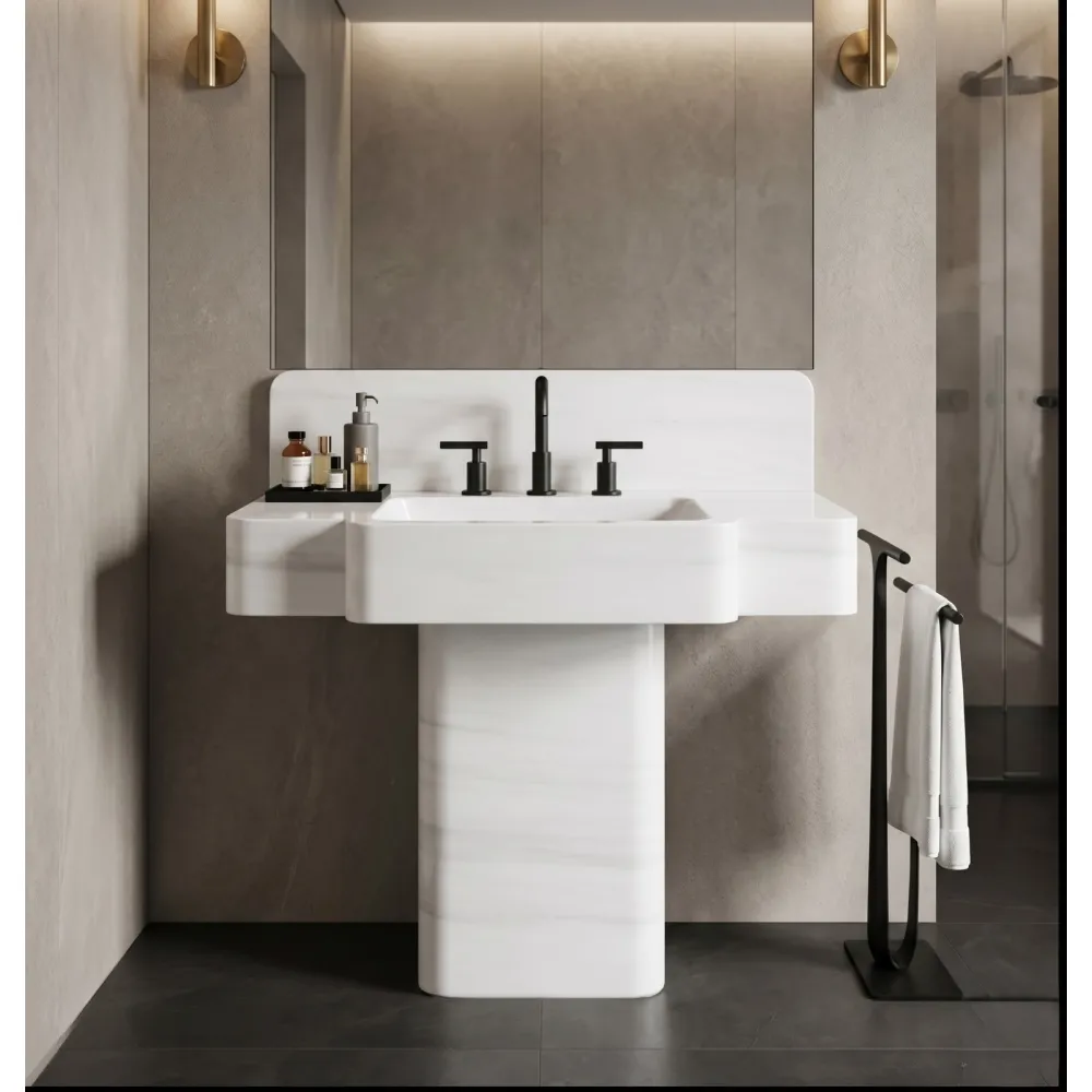 White Marble Pedestal Sink | Freestanding Luxury Monoblock Bathroom Basin