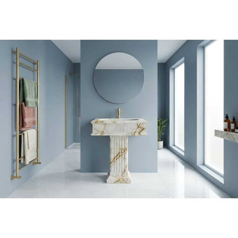 Calacatta Miami Marble Pedestal Sink | Handcrafted Fluted Stone Bathroom Basin