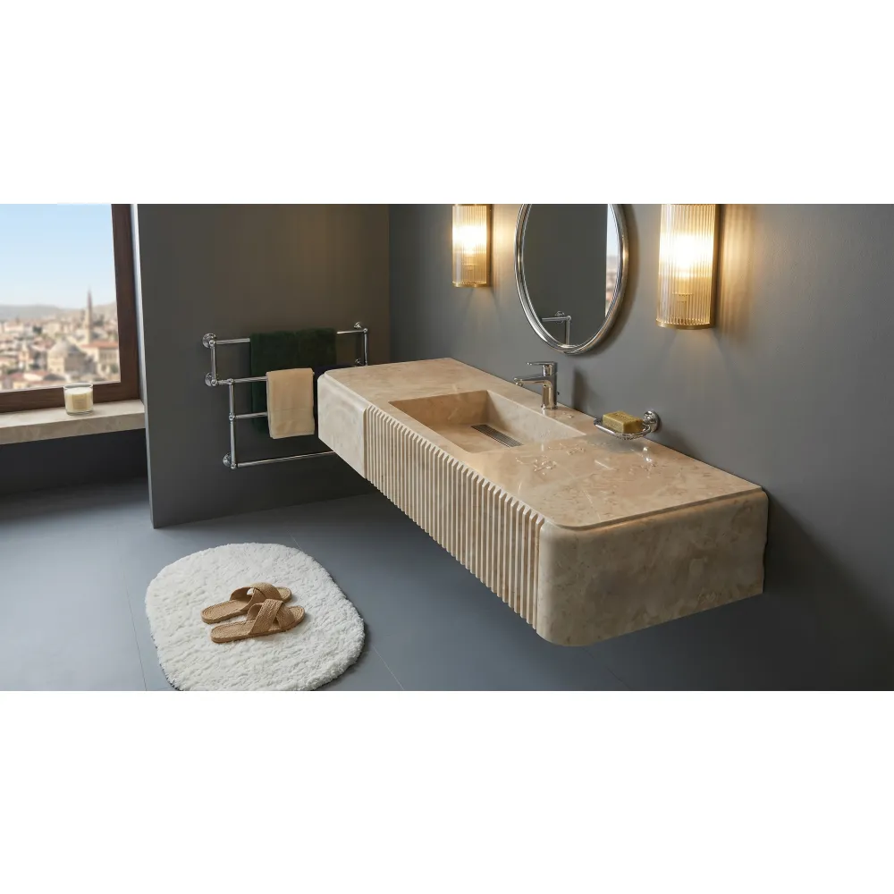 Bailen Beige Marble Floating Sink – Handcrafted Fluted Wall-Mounted Washbasin