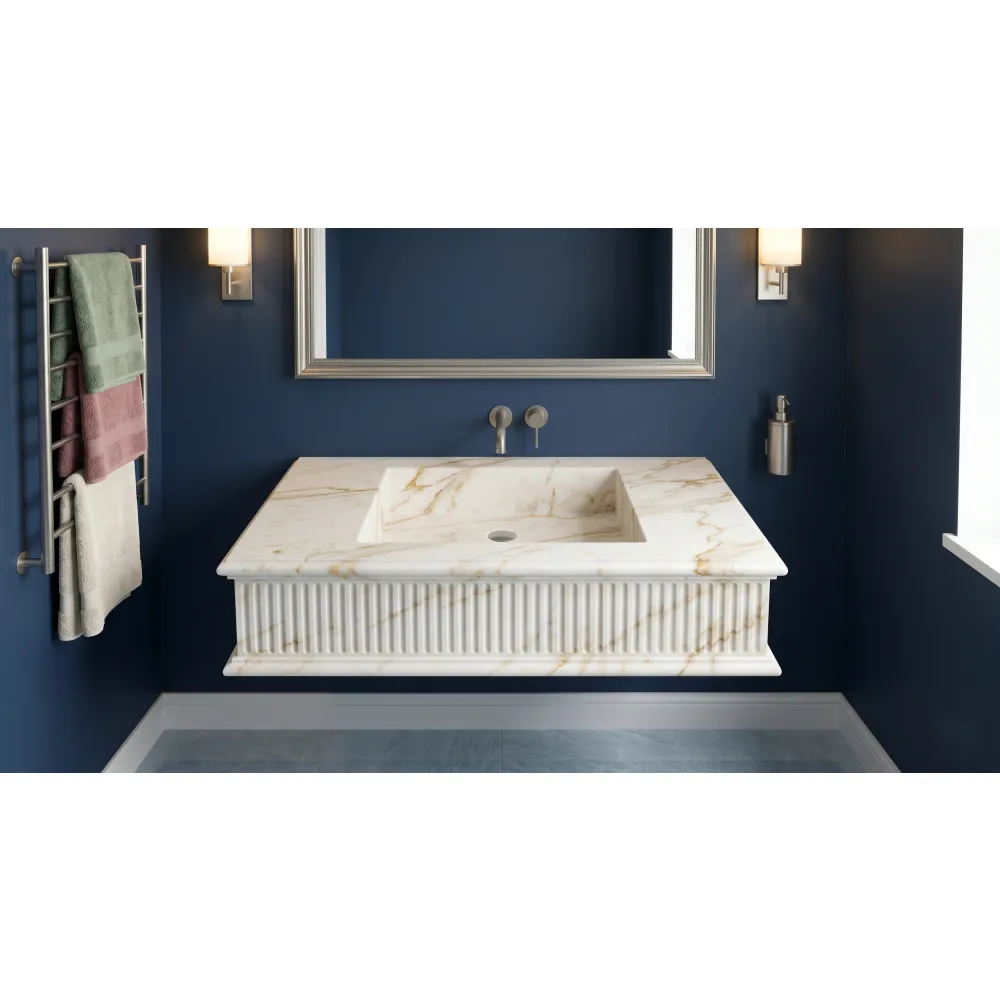 Calacatta Miami Marble Wall Mounted Sink | Handcrafted Fluted Stone Basin, Ogee Edge