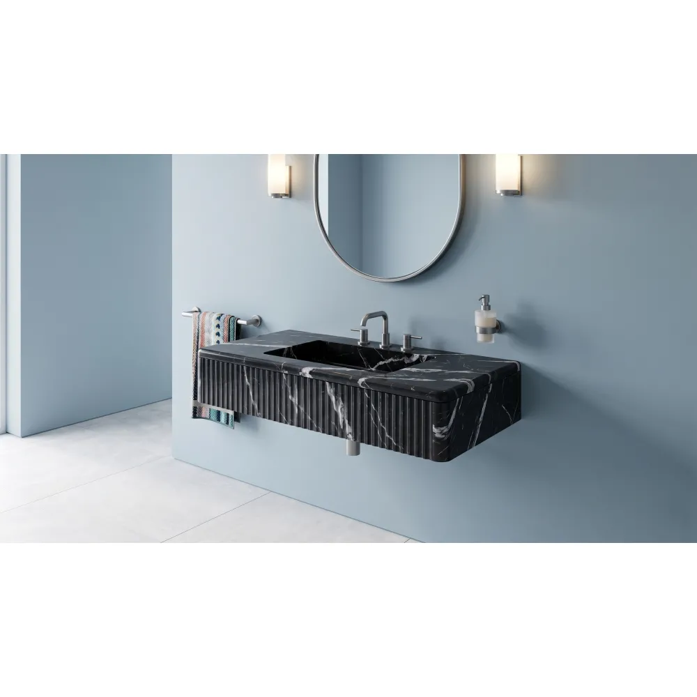 Black Diamond Marble Floating Sink – Fluted Front, Bullnose Edge Vanity