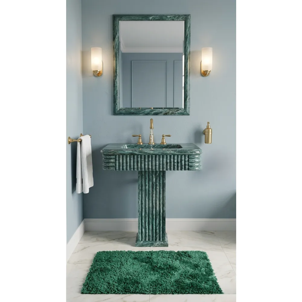 Anatolia Green Marble Pedestal Sink – Handcrafted Fluted Stone Washbasin, Freestanding Column Basin