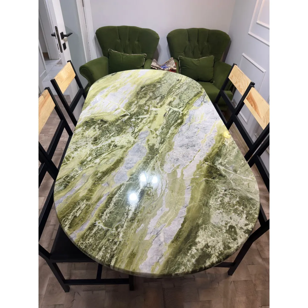 Bella Floresta Green Marble Dining Table, Hand-Polished Emerald Quartzite Kitchen Table