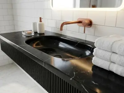 Alexander Black Marble Sink, Fluted Wall Mounted Washbasin, Oval Natural Stone Bathroom Basin - 1 - MarbleCenter