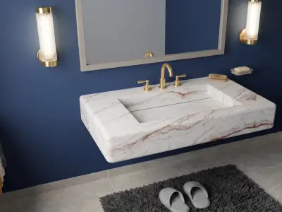 White River Marble Sink | Floating Vanity with Gold Cross Handle Faucet, Linear Drain - 1 - MarbleCenter
