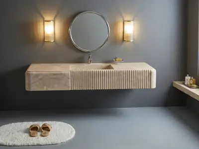 Bailen Beige Marble Floating Sink – Handcrafted Fluted Wall-Mounted Washbasin - 2 - MarbleCenter