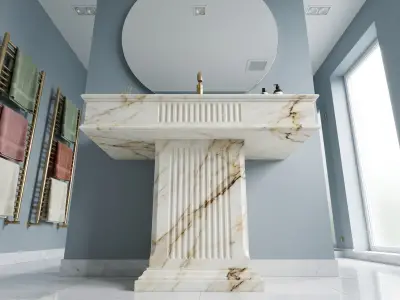 Calacatta Miami Marble Pedestal Sink | Handcrafted Fluted Stone Bathroom Basin - 4 - MarbleCenter
