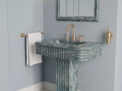 Anatolia Green Marble Pedestal Sink – Handcrafted Fluted Stone Washbasin, Freestanding Column Basin - 4 - MarbleCenter