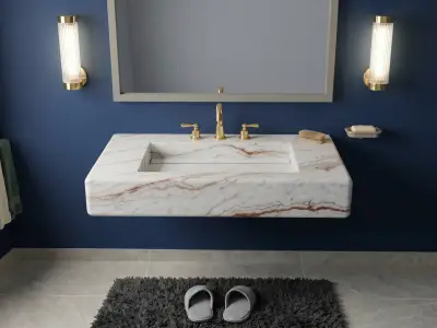 White River Marble Sink | Floating Vanity with Gold Cross Handle Faucet, Linear Drain - 3 - MarbleCenter
