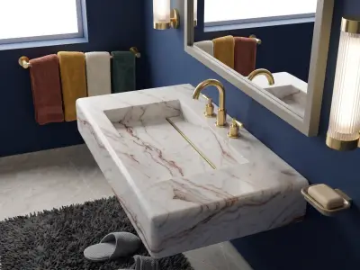 White River Marble Sink | Floating Vanity with Gold Cross Handle Faucet, Linear Drain - 4 - MarbleCenter
