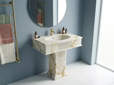 Calacatta Miami Marble Pedestal Sink | Handcrafted Fluted Stone Bathroom Basin - 2 - MarbleCenter