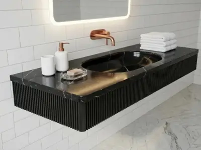 Alexander Black Marble Sink, Fluted Wall Mounted Washbasin, Oval Natural Stone Bathroom Basin - 3 - MarbleCenter