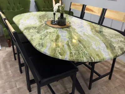 Bella Floresta Green Marble Dining Table, Hand-Polished Emerald Quartzite Kitchen Table - 2 - MarbleCenter