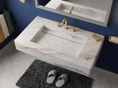 White River Marble Sink | Floating Vanity with Gold Cross Handle Faucet, Linear Drain - 2 - MarbleCenter
