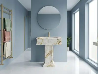 Calacatta Miami Marble Pedestal Sink | Handcrafted Fluted Stone Bathroom Basin