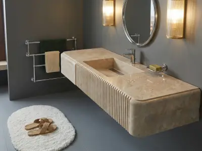 Bailen Beige Marble Floating Sink – Handcrafted Fluted Wall-Mounted Washbasin - 1 - MarbleCenter