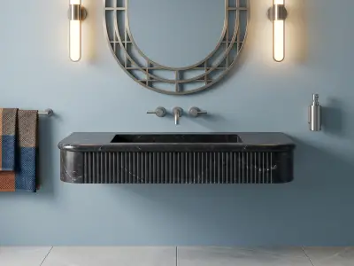 Black Diamond Marble Floating Sink – Fluted Front, Bullnose Edge Vanity - 2 - MarbleCenter