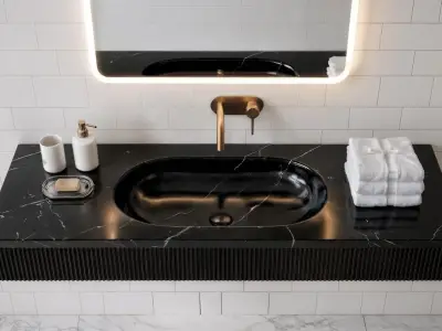 Alexander Black Marble Sink, Fluted Wall Mounted Washbasin, Oval Natural Stone Bathroom Basin - 2 - MarbleCenter