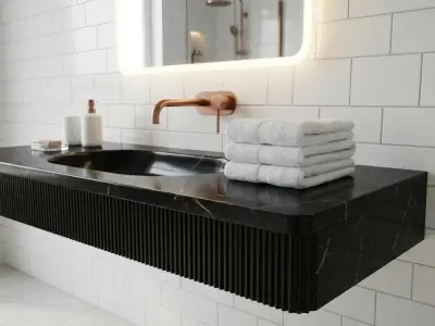 Alexander Black Marble Sink, Fluted Wall Mounted Washbasin, Oval Natural Stone Bathroom Basin - 4 - MarbleCenter