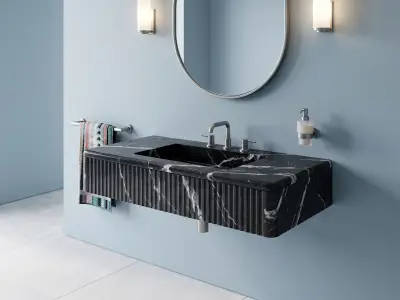 Black Diamond Marble Floating Sink – Fluted Front, Bullnose Edge Vanity