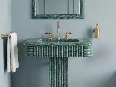 Anatolia Green Marble Pedestal Sink – Handcrafted Fluted Stone Washbasin, Freestanding Column Basin - 1 - MarbleCenter