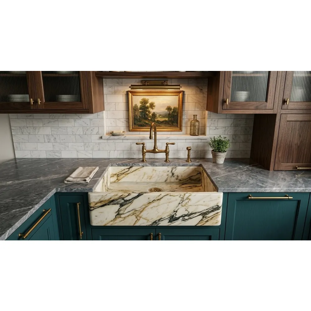 Calacatta Gold Marble Apron-Front Farmhouse Kitchen Sink - Natural Turkish Marble Slab and Tiles